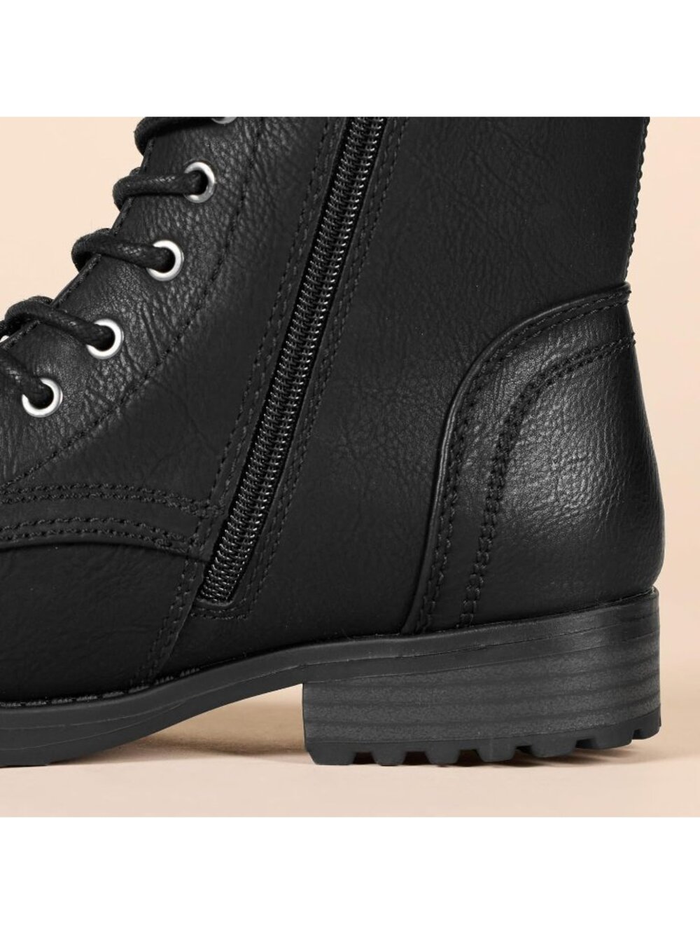 Women's Black Lace Up Combat Side Zipper Lug Sole Faux Leather Ankle Boots - Picture 5 of 5